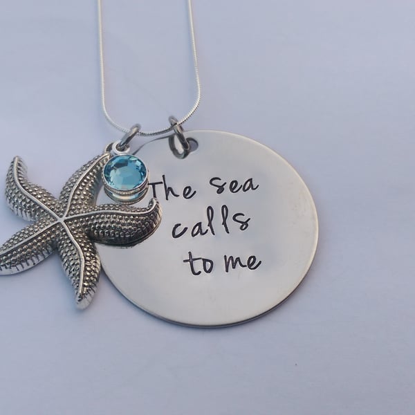 The sea calls me hand stamped starfish necklace - beach pendant necklace 