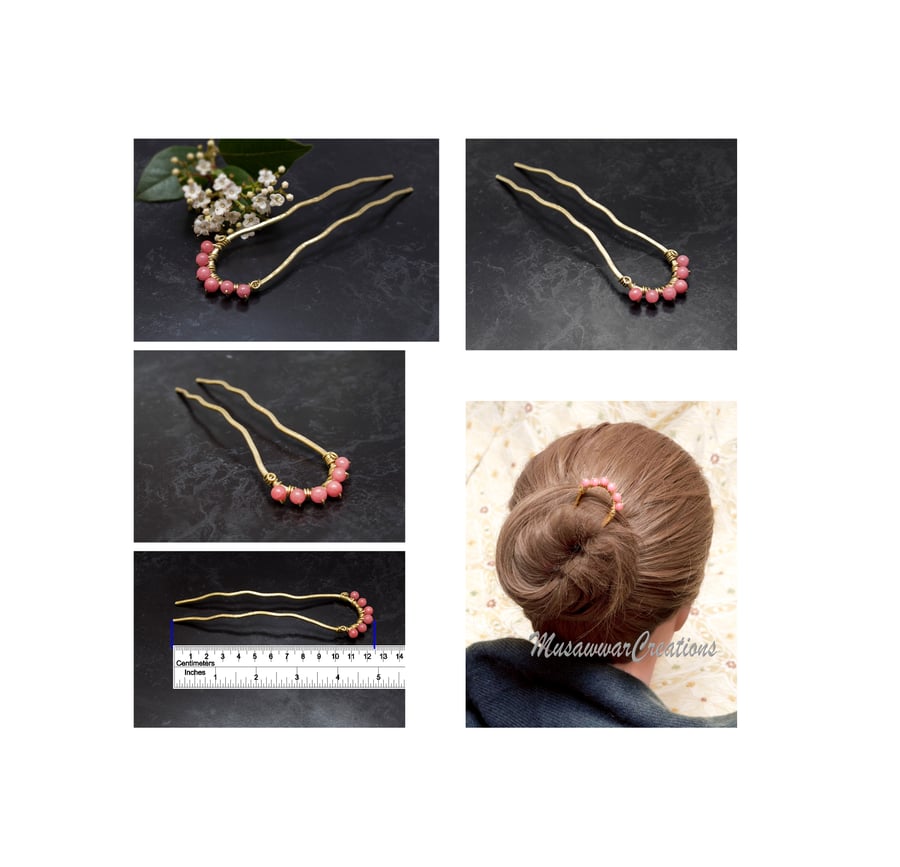 Brass hair bun holder,Strawberry Pink Quartzite Brass Hair fork,hair bun fork. 