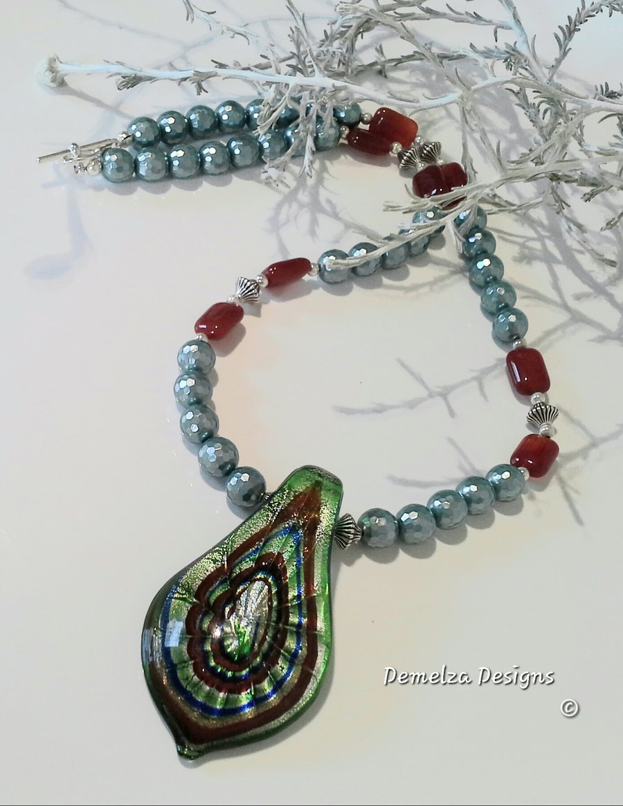 Genuine Murano Glass,  Carnelian & Shell Pearl Necklace