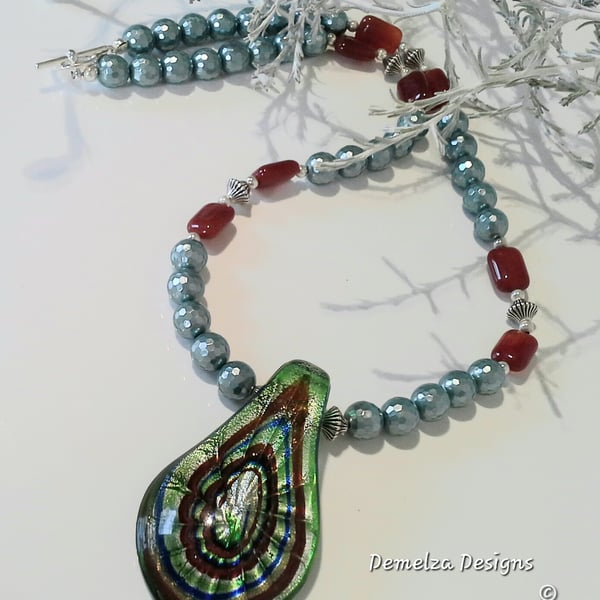 Genuine Murano Glass,  Carnelian & Shell Pearl Necklace