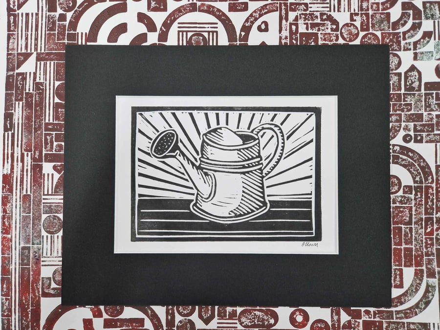 Watering can, garden themed lino print. Size 10 x 8 inches.