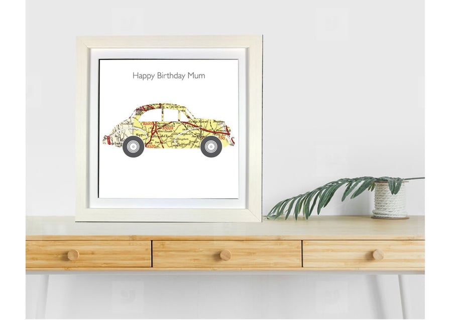 Handmade Map Picture featuring a Morris Minor Car - Handcut Framed Picture