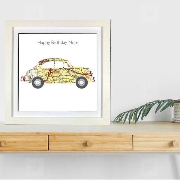 Handmade Map Picture featuring a Morris Minor Car - Handcut Framed Picture