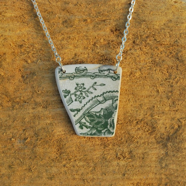 Green flowers beach pottery pendant