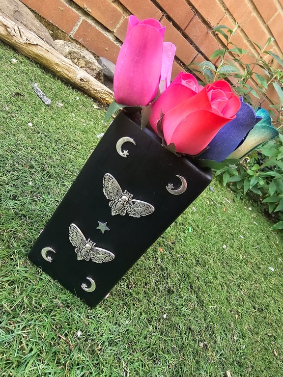 Death Head Moth Celestial Black Silver Embellished Ceramic Painted Gothic Whimsy