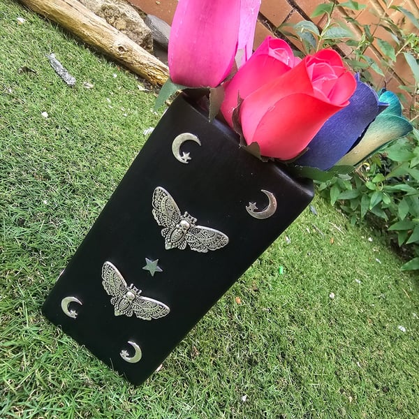 Death Head Moth Celestial Black Silver Embellished Ceramic Painted Gothic Whimsy