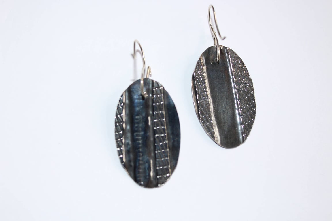 Handmade Oxidised Fold-formed Oval Silver Earrings