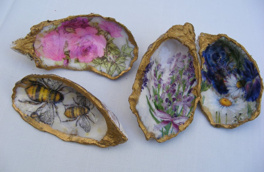 Set of 4 Decoupaged Oyster shell trinket dishes 