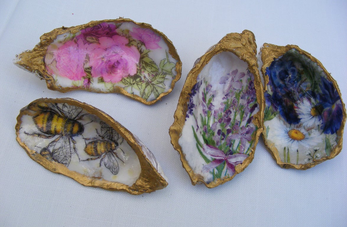 Set of 4 Decoupaged Oyster shell trinket dishes 