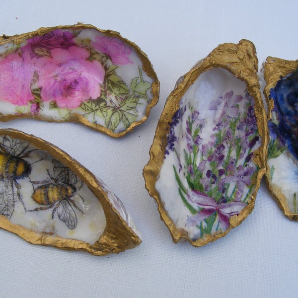 Set of 4 Decoupaged Oyster shell trinket dishes 