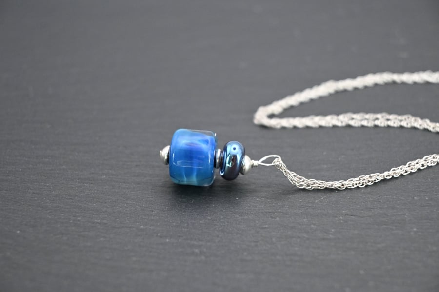 lampwork glass pendant necklace, blue