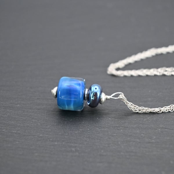 lampwork glass pendant necklace, blue