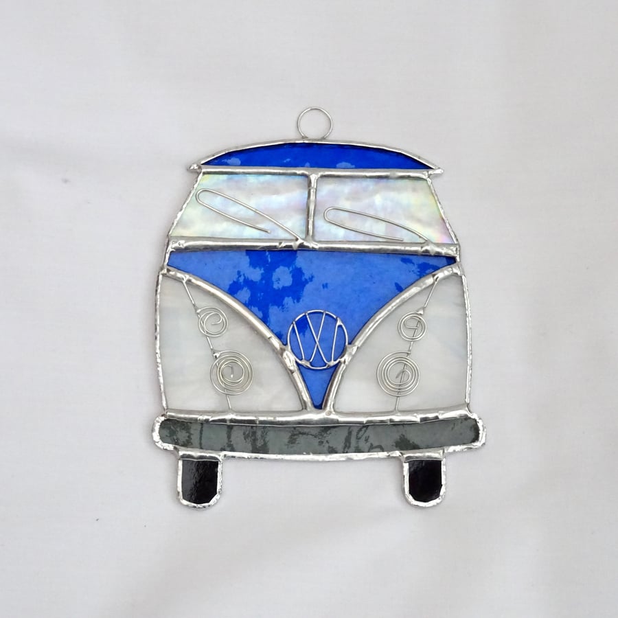 Stained Glass Camper Van Suncatcher - Handmade Hanging Decoration Blue and White