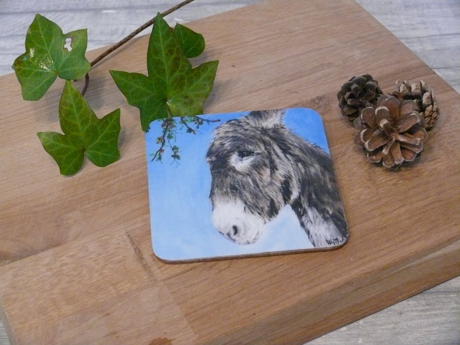 'Rosehip' the donkey, cork backed coaster