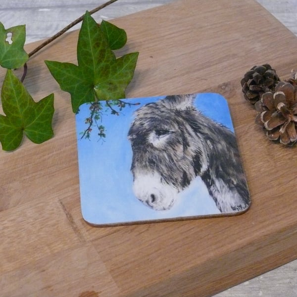 'Rosehip' the donkey, cork backed coaster