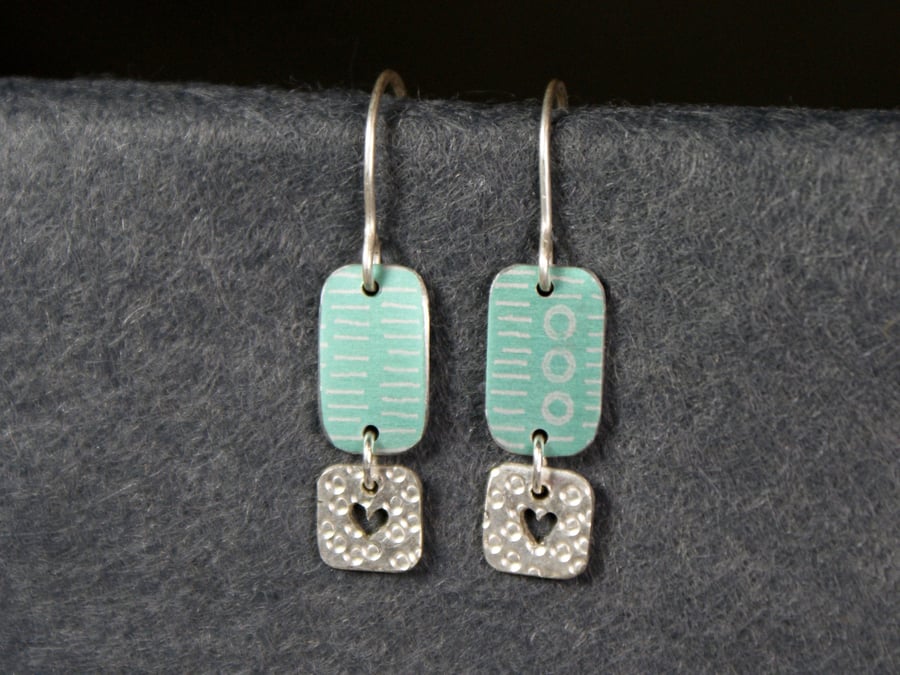 Mint and silver dangle heart earrings