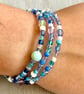 Blue wrap bracelet, stretch bangle made with mixed beads - one size fits all - Image 2