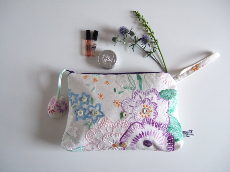 Toiletries, make up or clutch bag made from  vintage hand embroidery.
