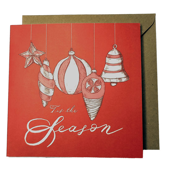 Set of x4 Luxury Eco Christmas Cards - Tis the Season Vintage Baubles