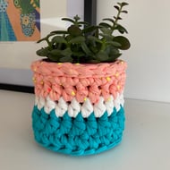 Crochet plant pot cover made with upcycled tshirt yarn - neon spots mini
