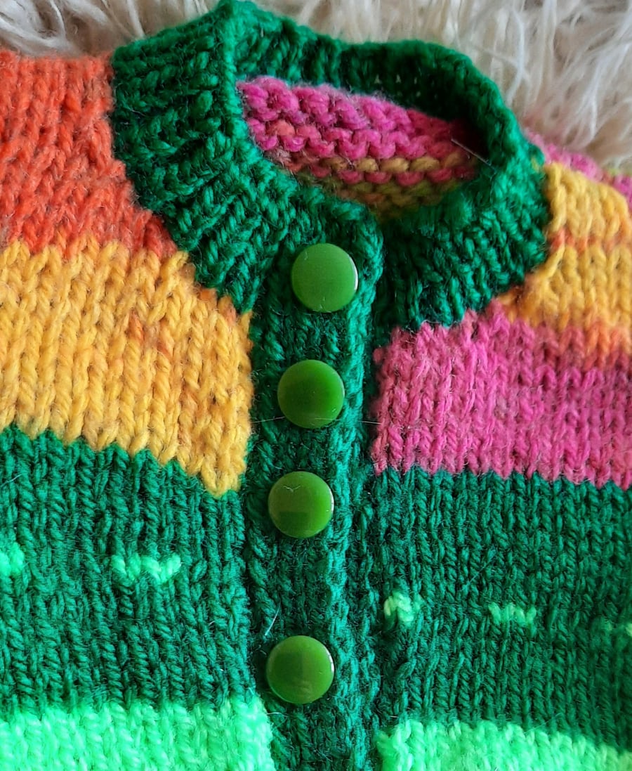 Newborn Hand-knitted Dark green and Jewel colours cardigan 