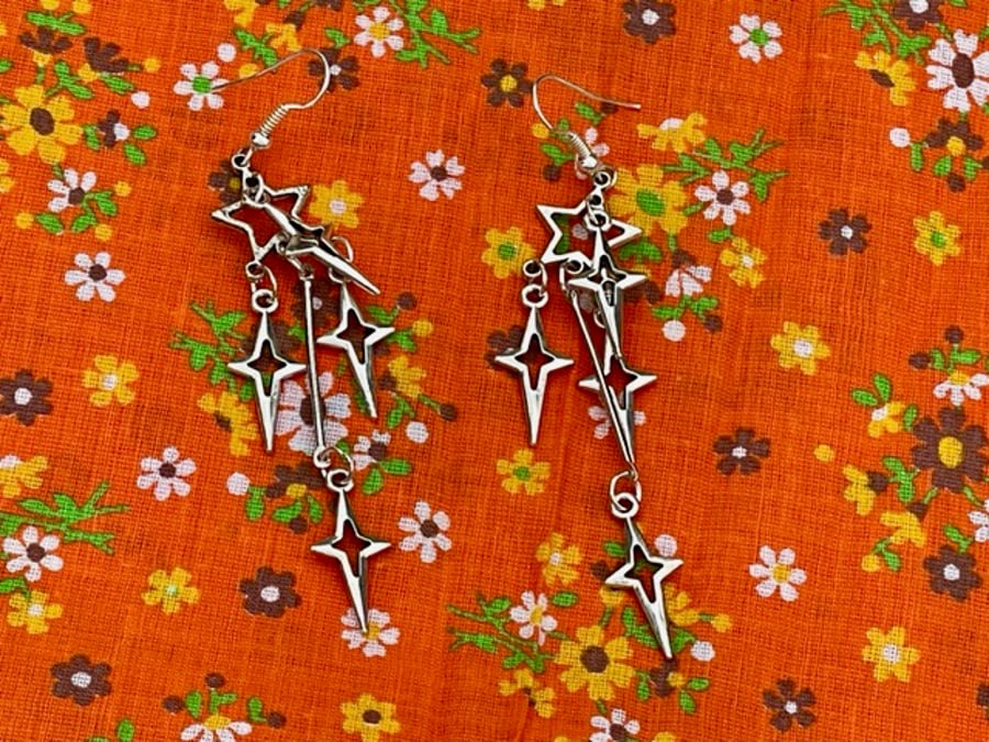 TASSEL STAR EARRINGS chandelier silver plated celestial