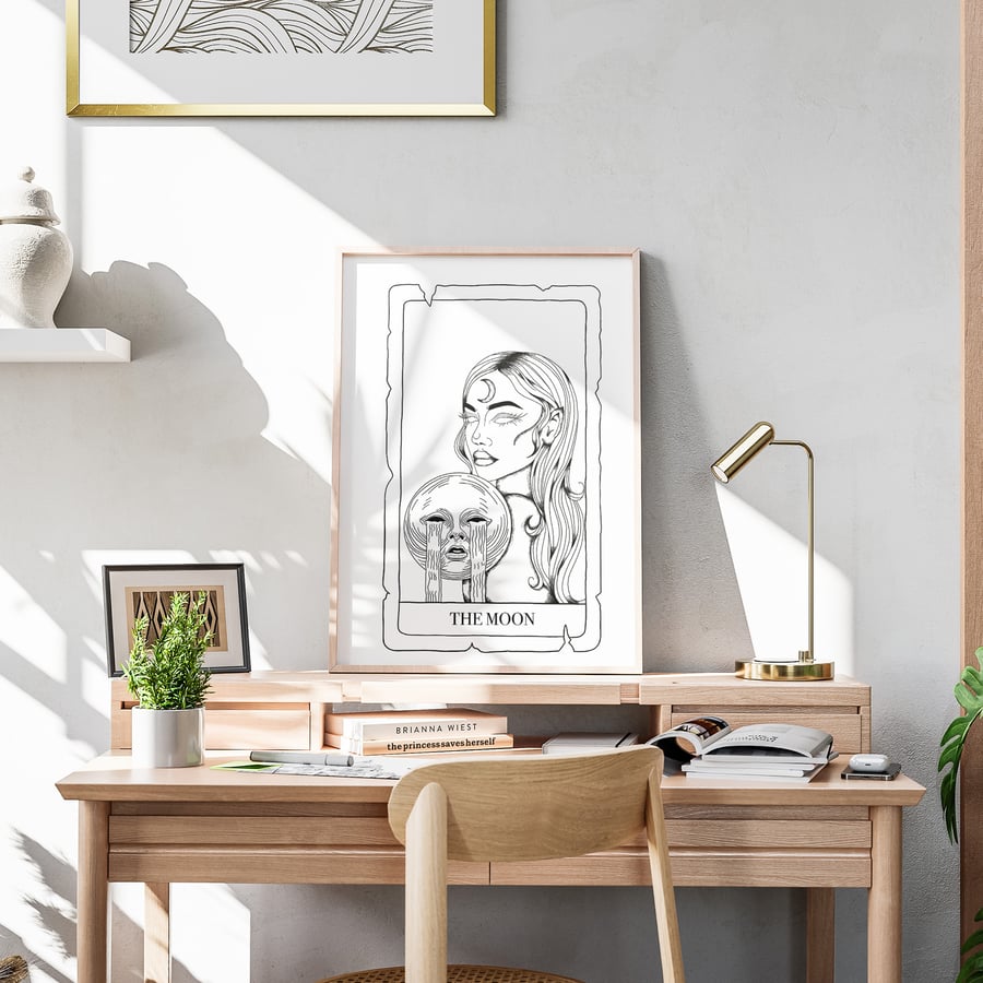 The Moon Tarot Card Poster, Tarot Design, The Moon Card, Tarot Poster, Psychic