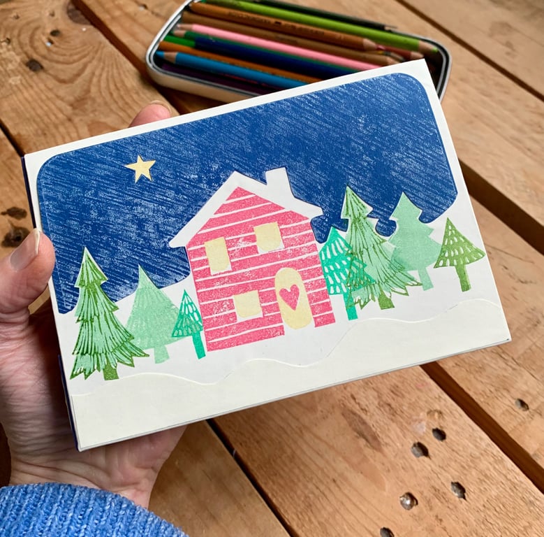 Hand Crafted A6 Sketchbook or Journal with Hand-printed Winter Cabin Design.