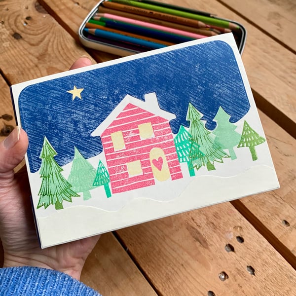 Hand Crafted A6 Sketchbook or Journal with Hand-printed Winter Cabin Design.