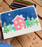 Hand Crafted A6 Sketchbook or Journal with Hand-printed Winter Cabin Design.