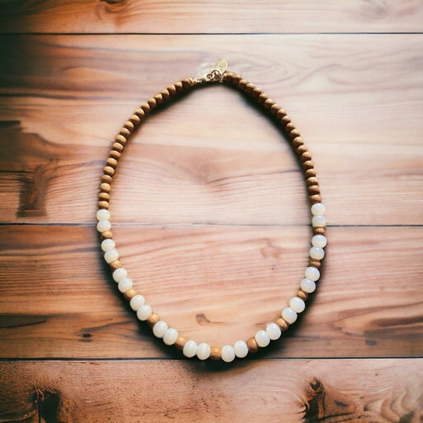 Cloudy White Glass & Rosewood Bead Necklace with Sterling Silver Detail