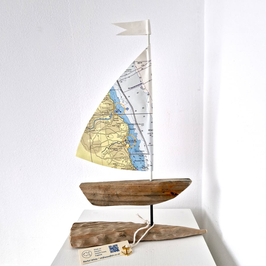 Sunderland - Seaham driftwood sailboat ornament, authentic nautical map sail