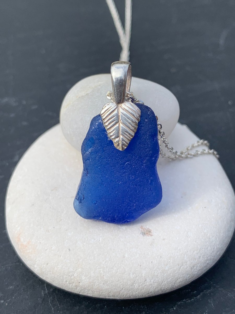 Cobalt blue seaglass and Sterling silver pendant