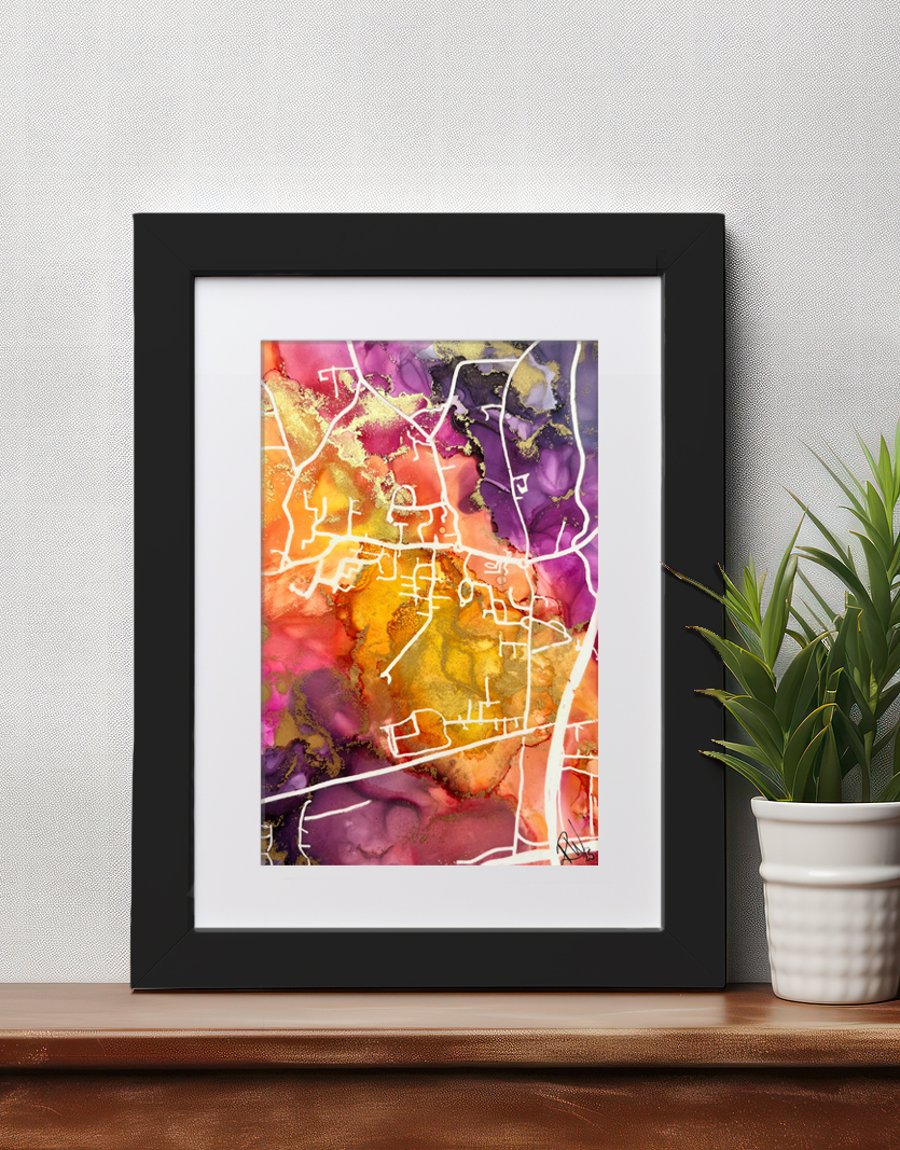 Personalised Custom Made Hand Painted Map - 6x4 alcohol ink map sunset and gold