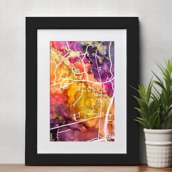 Personalised Custom Made Hand Painted Map - 6x4 alcohol ink map sunset and gold