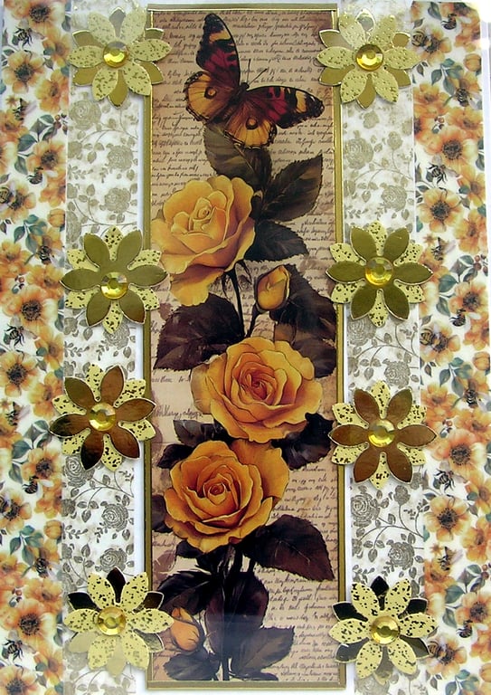 Yellow Rose Flowers - Hand Crafted Decoupage Greeting Card - Blank 3246