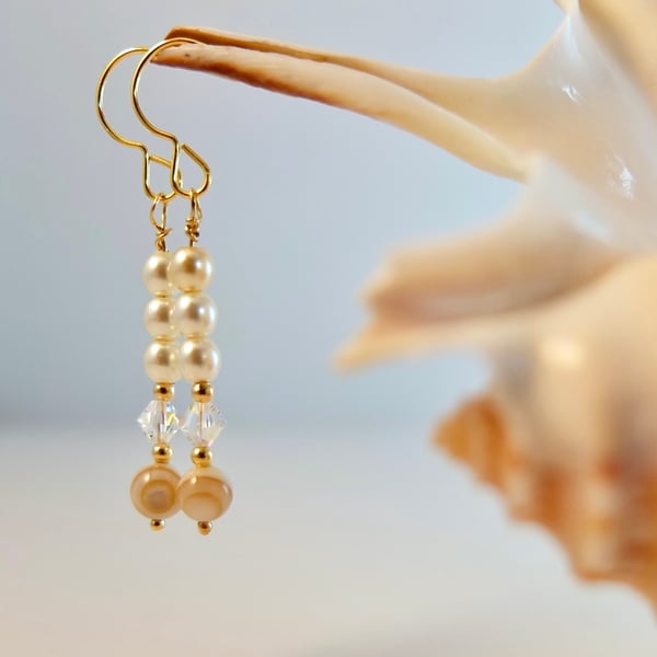 Glass Pearl Earrings With Shell And Swarovski Crystal - Handmade In Devon