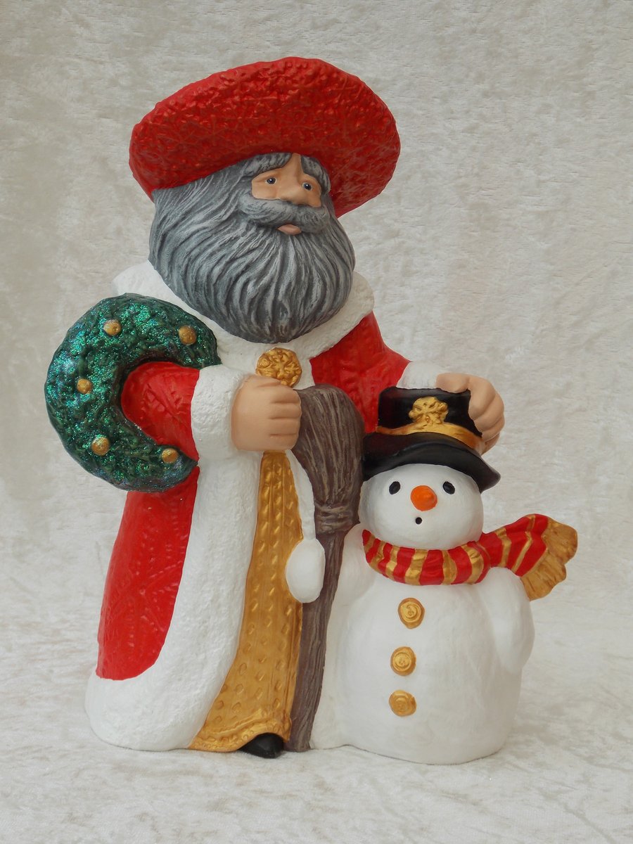 Hand painted Large Ceramic Father Christmas Snowman & Wreath Figurine Ornament.