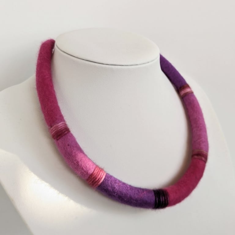 Felted cord necklace - raspberry, deep pink and purple