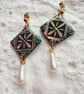Emerald Green Ornate Pink Floral Tile Statement Earrings - Image 3