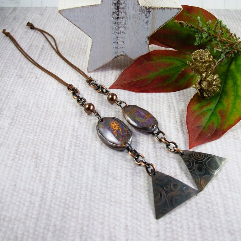 Hanging Decorations,  Copper and Purple Marbled Clay with Shell Pearl