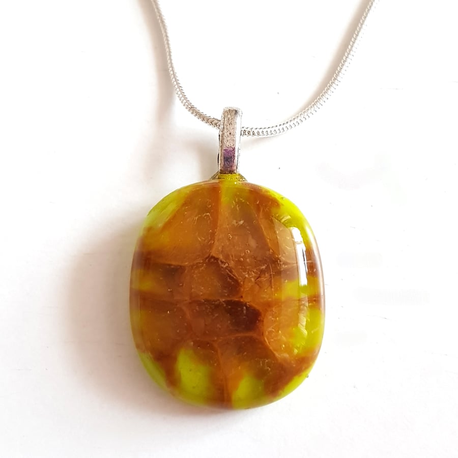Lime Green and Amber Fused Glass Pendant - Colourful Glass Necklace