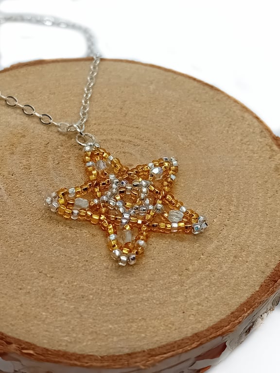 Gold and silver pentagram star beaded pendant trace silver chain necklace