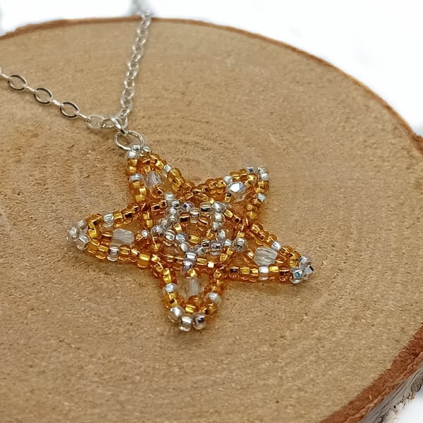 Gold and silver pentagram star beaded pendant trace silver chain necklace