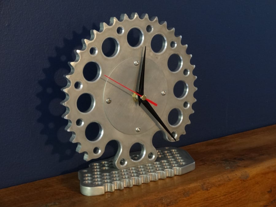 A one off motorcycle themed aluminium sprocket clock