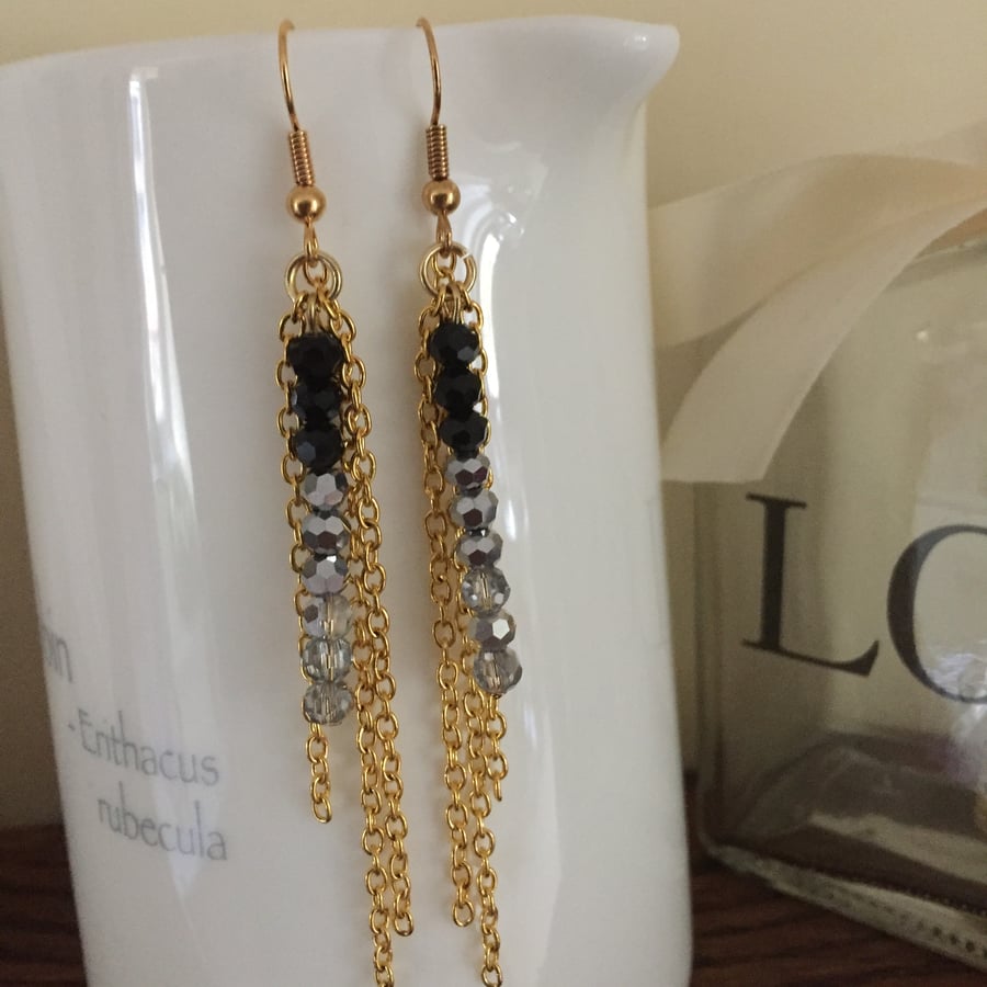 Gold crystal earrings - Grey Black