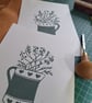 An original handprinted linoprint of a heart decorated jug of grasses & flowers - Image 6