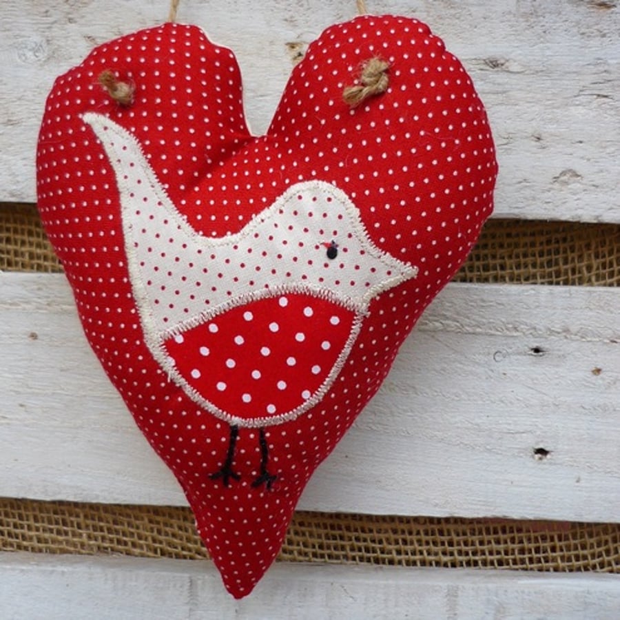 Red and white spotty Hanging Heart with Robin/Bird