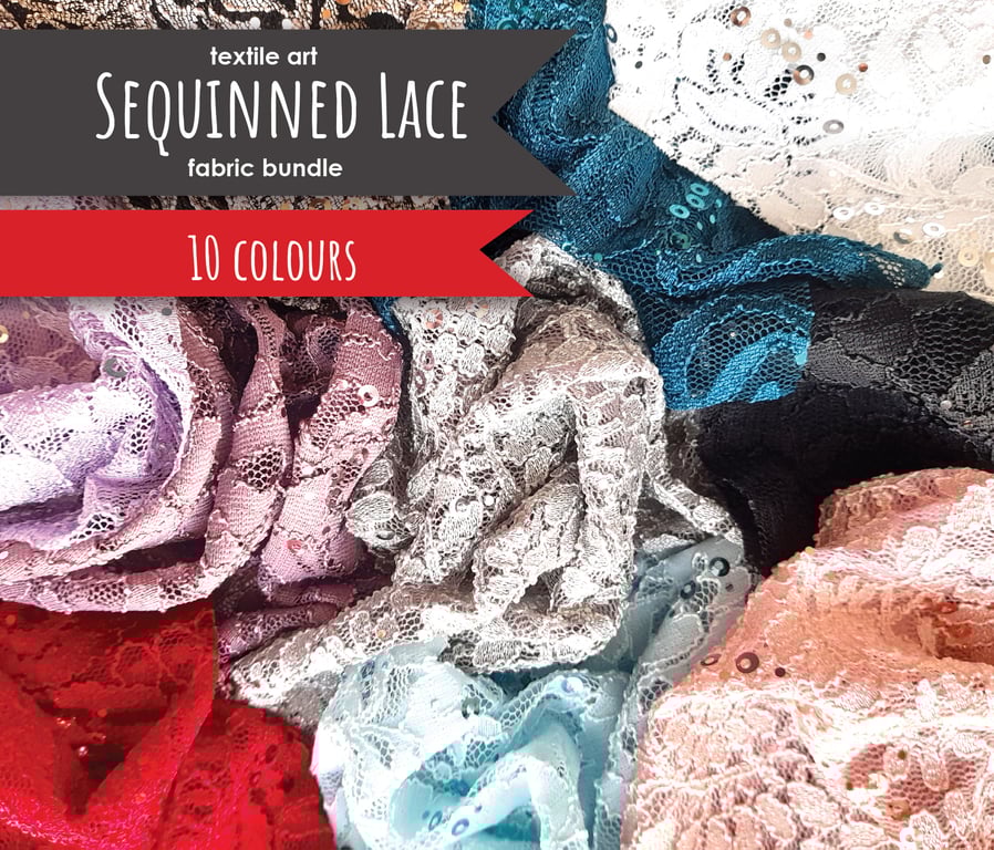 Sequinned Stretch Lace fabric remnant bundle, slow stitch fabric