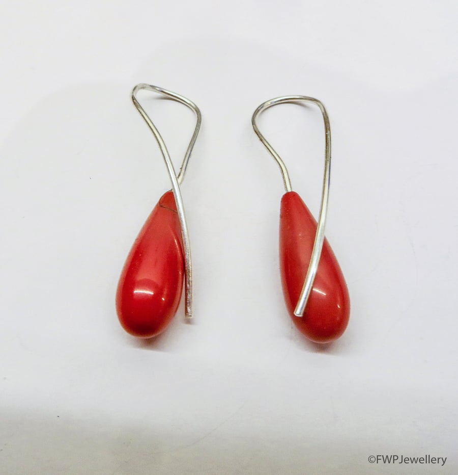 Coral Drop Earrings with Silver Wire Hook
